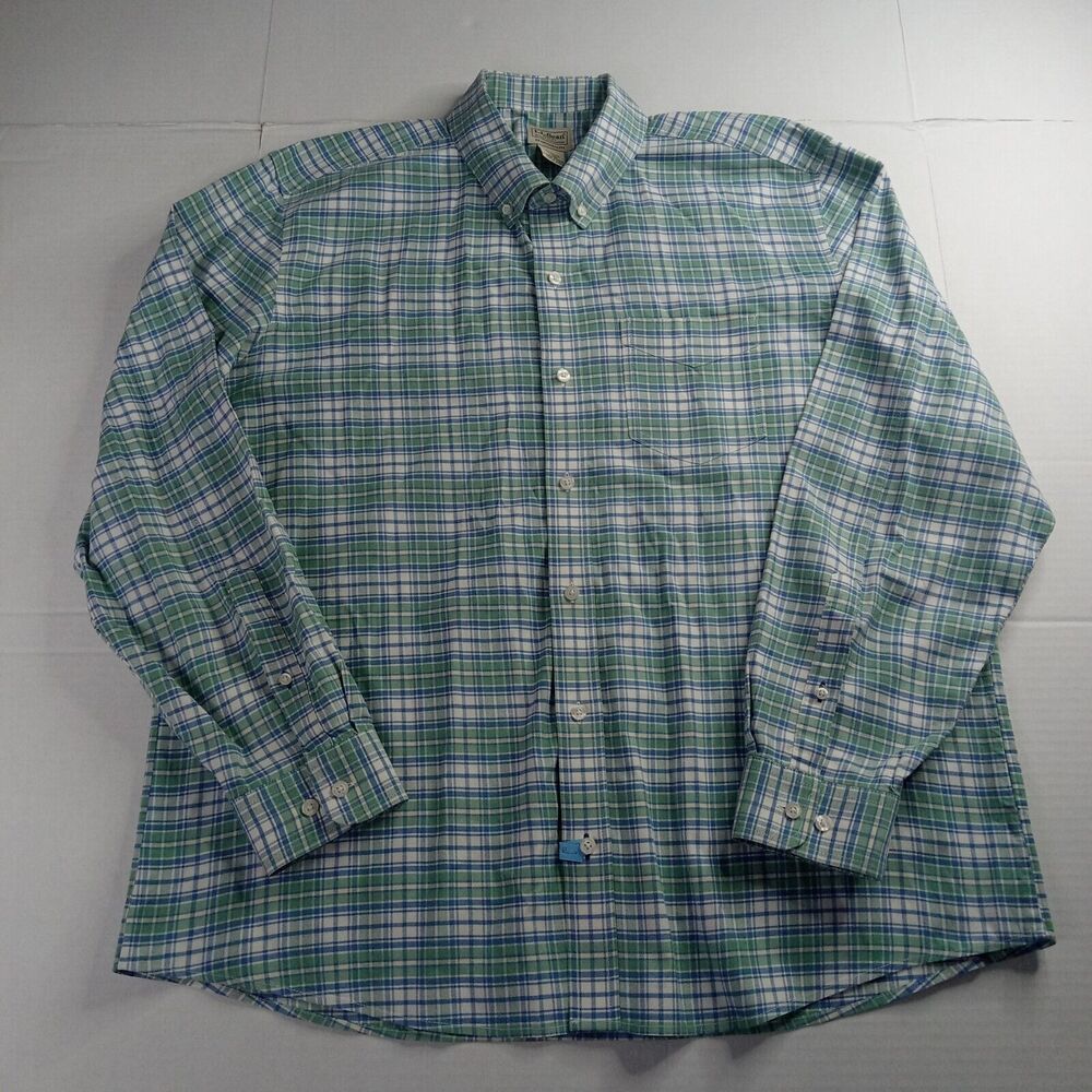 L.L. Bean Traditional Fit Shirt Men's L Large Blue Green White Plaid Button Down